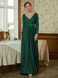 Esperanza A-Line/Princess Jersey Beading V-neck Long Sleeves Sweep/Brush Train Mother of the Bride Dresses STKP0020357