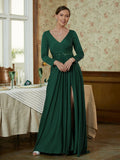 Esperanza A-Line/Princess Jersey Beading V-neck Long Sleeves Sweep/Brush Train Mother of the Bride Dresses STKP0020357