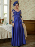 Guadalupe A-Line/Princess Satin Applique V-neck Long Sleeves Floor-Length Mother of the Bride Dresses STKP0020358