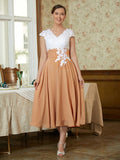 Jazlene A-Line/Princess Chiffon Lace V-neck Sleeveless Tea-Length Mother of the Bride Dresses STKP0020364