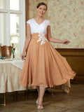 Jazlene A-Line/Princess Chiffon Lace V-neck Sleeveless Tea-Length Mother of the Bride Dresses STKP0020364