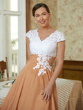 Jazlene A-Line/Princess Chiffon Lace V-neck Sleeveless Tea-Length Mother of the Bride Dresses STKP0020364