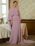 Emilia Sheath/Column Chiffon Ruffles Scoop Long Sleeves Sweep/Brush Train Mother of the Bride Dresses STKP0020360