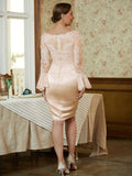 Ingrid Sheath/Column Satin Lace Scoop Long Sleeves Knee-Length Mother of the Bride Dresses STKP0020315