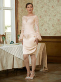 Ingrid Sheath/Column Satin Lace Scoop Long Sleeves Knee-Length Mother of the Bride Dresses STKP0020315