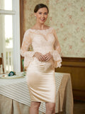 Ingrid Sheath/Column Satin Lace Scoop Long Sleeves Knee-Length Mother of the Bride Dresses STKP0020315