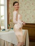 Ingrid Sheath/Column Satin Lace Scoop Long Sleeves Knee-Length Mother of the Bride Dresses STKP0020315