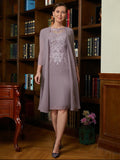 Julia Sheath/Column Chiffon Lace Scoop Short Sleeves Knee-Length Mother of the Bride Dresses STKP0020316