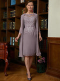 Julia Sheath/Column Chiffon Lace Scoop Short Sleeves Knee-Length Mother of the Bride Dresses STKP0020316