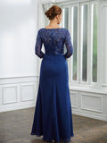 Zara Sheath/Column Chiffon Applique Bateau 3/4 Sleeves Floor-Length Mother of the Bride Dresses STKP0020280