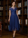 Madelyn A-Line/Princess Chiffon Applique Bateau Short Sleeves Tea-Length Mother of the Bride Dresses STKP0020275