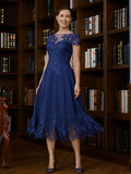 Madelyn A-Line/Princess Chiffon Applique Bateau Short Sleeves Tea-Length Mother of the Bride Dresses STKP0020275