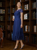 Madelyn A-Line/Princess Chiffon Applique Bateau Short Sleeves Tea-Length Mother of the Bride Dresses STKP0020275