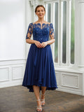 Laylah A-Line/Princess Chiffon Applique Bateau 1/2 Sleeves Tea-Length Mother of the Bride Dresses STKP0020279