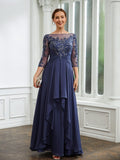 Emely A-Line/Princess Chiffon Applique Bateau 3/4 Sleeves Floor-Length Mother of the Bride Dresses STKP0020266