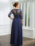 Emely A-Line/Princess Chiffon Applique Bateau 3/4 Sleeves Floor-Length Mother of the Bride Dresses STKP0020266