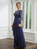 Emely A-Line/Princess Chiffon Applique Bateau 3/4 Sleeves Floor-Length Mother of the Bride Dresses STKP0020266