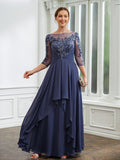 Emely A-Line/Princess Chiffon Applique Bateau 3/4 Sleeves Floor-Length Mother of the Bride Dresses STKP0020266