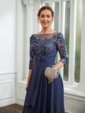 Emely A-Line/Princess Chiffon Applique Bateau 3/4 Sleeves Floor-Length Mother of the Bride Dresses STKP0020266