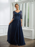 Roberta A-Line/Princess Chiffon Applique V-neck 3/4 Sleeves Floor-Length Mother of the Bride Dresses STKP0020267