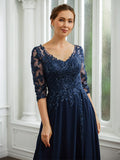 Roberta A-Line/Princess Chiffon Applique V-neck 3/4 Sleeves Floor-Length Mother of the Bride Dresses STKP0020267