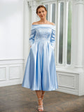 Toni A-Line/Princess Elastic Woven Satin Ruched Off-the-Shoulder Long Sleeves Tea-Length Mother of the Bride Dresses STKP0020269