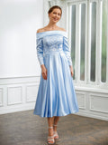 Toni A-Line/Princess Elastic Woven Satin Ruched Off-the-Shoulder Long Sleeves Tea-Length Mother of the Bride Dresses STKP0020269