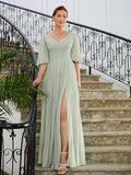 Amelia A-Line/Princess Chiffon Ruched V-neck 1/2 Sleeves Floor-Length Mother of the Bride Dresses STKP0020271