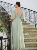 Amelia A-Line/Princess Chiffon Ruched V-neck 1/2 Sleeves Floor-Length Mother of the Bride Dresses STKP0020271