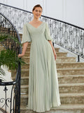 Amelia A-Line/Princess Chiffon Ruched V-neck 1/2 Sleeves Floor-Length Mother of the Bride Dresses STKP0020271