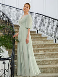 Amelia A-Line/Princess Chiffon Ruched V-neck 1/2 Sleeves Floor-Length Mother of the Bride Dresses STKP0020271