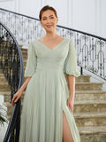 Amelia A-Line/Princess Chiffon Ruched V-neck 1/2 Sleeves Floor-Length Mother of the Bride Dresses STKP0020271