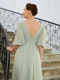 Amelia A-Line/Princess Chiffon Ruched V-neck 1/2 Sleeves Floor-Length Mother of the Bride Dresses STKP0020271