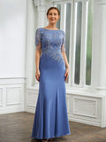 Harriet Sheath/Column Chiffon Applique Bateau Short Sleeves Floor-Length Mother of the Bride Dresses STKP0020272