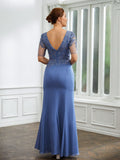 Harriet Sheath/Column Chiffon Applique Bateau Short Sleeves Floor-Length Mother of the Bride Dresses STKP0020272