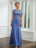 Harriet Sheath/Column Chiffon Applique Bateau Short Sleeves Floor-Length Mother of the Bride Dresses STKP0020272