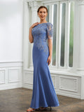 Harriet Sheath/Column Chiffon Applique Bateau Short Sleeves Floor-Length Mother of the Bride Dresses STKP0020272