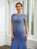 Harriet Sheath/Column Chiffon Applique Bateau Short Sleeves Floor-Length Mother of the Bride Dresses STKP0020272