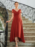 Aryana A-Line/Princess Chiffon Ruched V-neck Short Sleeves Asymmetrical Mother of the Bride Dresses STKP0020273