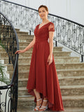 Aryana A-Line/Princess Chiffon Ruched V-neck Short Sleeves Asymmetrical Mother of the Bride Dresses STKP0020273