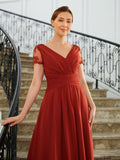 Aryana A-Line/Princess Chiffon Ruched V-neck Short Sleeves Asymmetrical Mother of the Bride Dresses STKP0020273