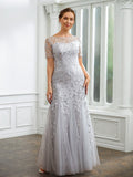 Khloe A-Line/Princess Tulle Ruched Bateau Short Sleeves Ankle-Length Mother of the Bride Dresses STKP0020261