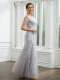 Khloe A-Line/Princess Tulle Ruched Bateau Short Sleeves Ankle-Length Mother of the Bride Dresses STKP0020261