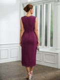 Paola Sheath/Column Chiffon Applique V-neck Sleeveless Tea-Length Mother of the Bride Dresses STKP0020263