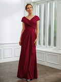 Marlene Sheath/Column Jersey Ruched V-neck Short Sleeves Floor-Length Mother of the Bride Dresses STKP0020252