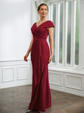 Marlene Sheath/Column Jersey Ruched V-neck Short Sleeves Floor-Length Mother of the Bride Dresses STKP0020252