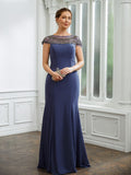 Lori Sheath/Column Chiffon Beading Bateau Short Sleeves Floor-Length Mother of the Bride Dresses STKP0020253