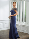 Lori Sheath/Column Chiffon Beading Bateau Short Sleeves Floor-Length Mother of the Bride Dresses STKP0020253