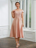 Rosie A-Line/Princess Satin Applique Off-the-Shoulder Sleeveless Tea-Length Mother of the Bride Dresses STKP0020255