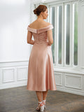 Rosie A-Line/Princess Satin Applique Off-the-Shoulder Sleeveless Tea-Length Mother of the Bride Dresses STKP0020255